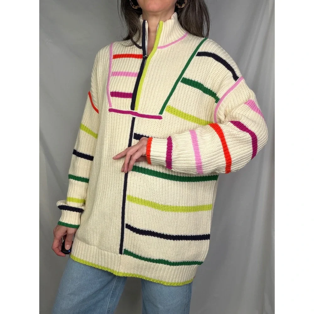 STAUD Hampton Sweater Cream Multi Color Stripe Quarter Zip Knit Oversized Long S - Picture 11 of 11
